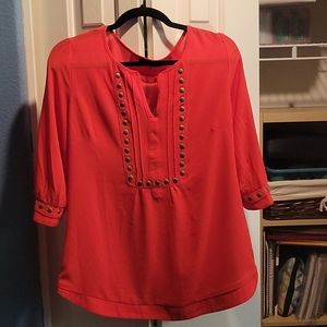 41Hawthorn sheer red blouse with gold buttons